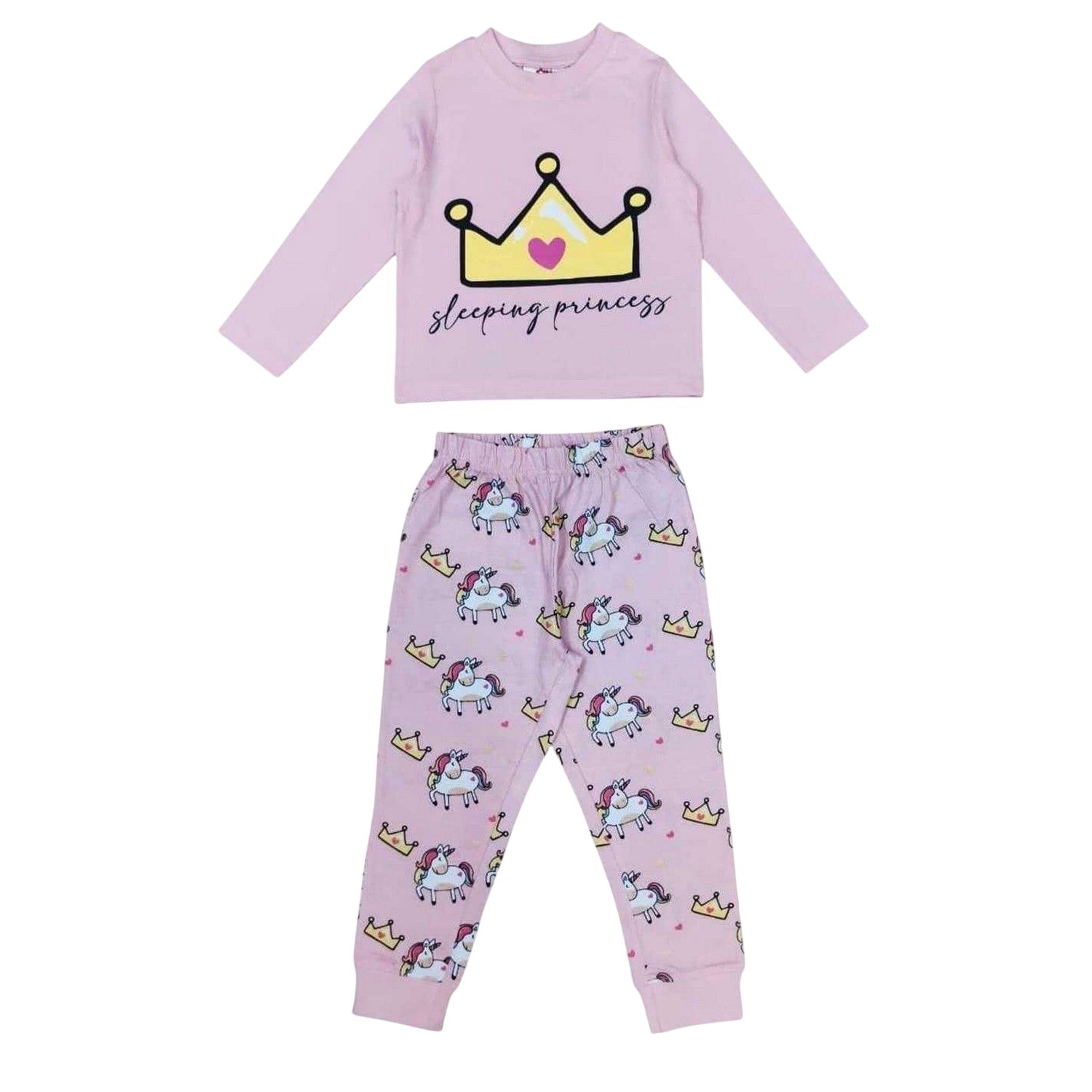 Pink - Front - Star Girls Crown Cotton Long Pyjama Set