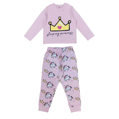 Pink - Front - Star Girls Crown Cotton Long Pyjama Set