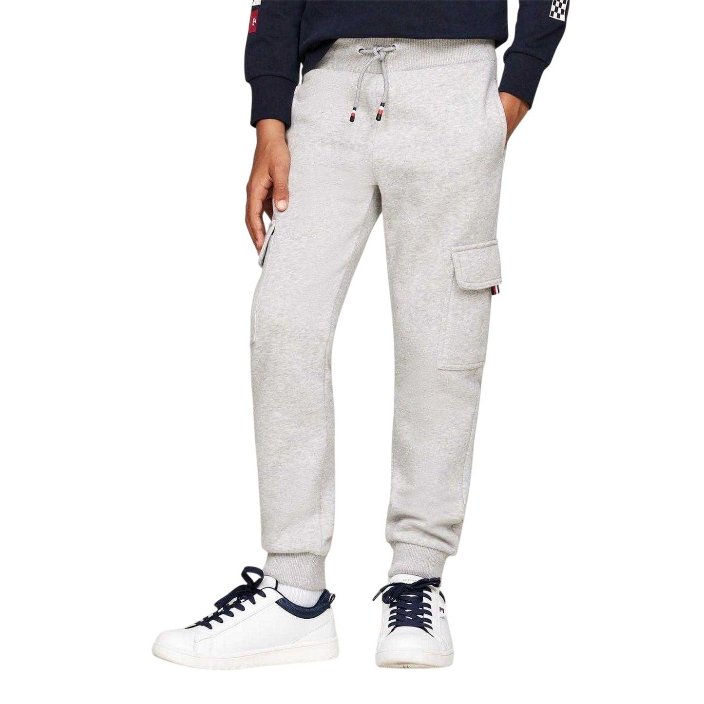 Light Grey - Side - Tommy Hilfiger Childrens-Kids Fleece Regular Cargo Jogging Bottoms