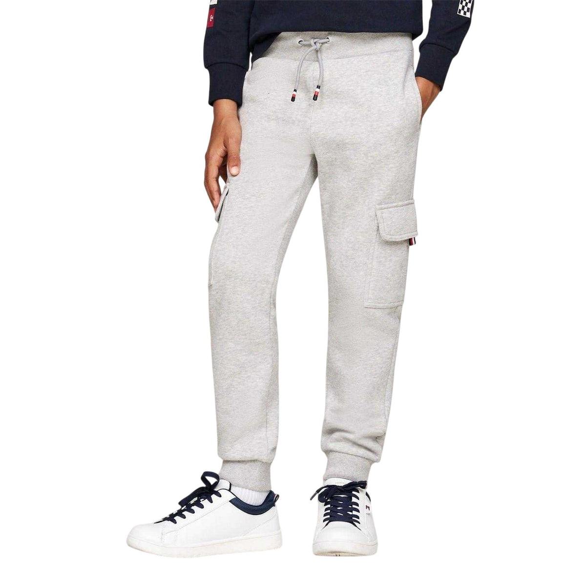 Light Grey - Side - Tommy Hilfiger Childrens-Kids Fleece Regular Cargo Jogging Bottoms