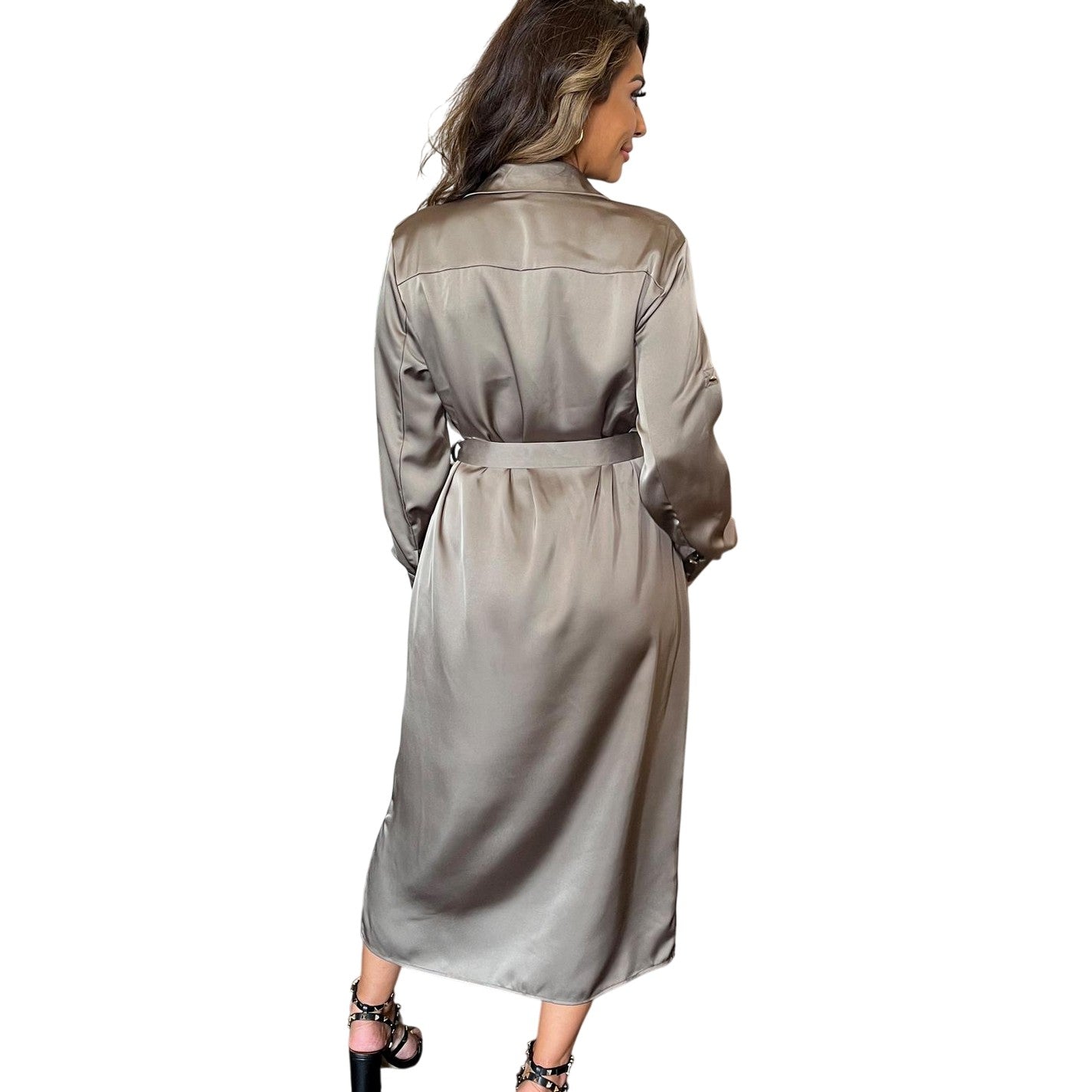 Taupe - Back - AX Paris Womens-Ladies Polyester Belted 3-4 Sleeve Midi Shirt Dress