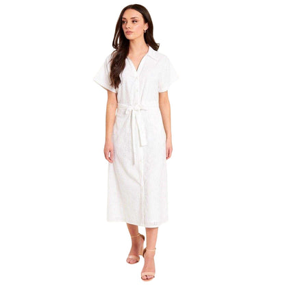 White - Side - Be You Womens-Ladies Broderie Collared Midi Shirt Dress