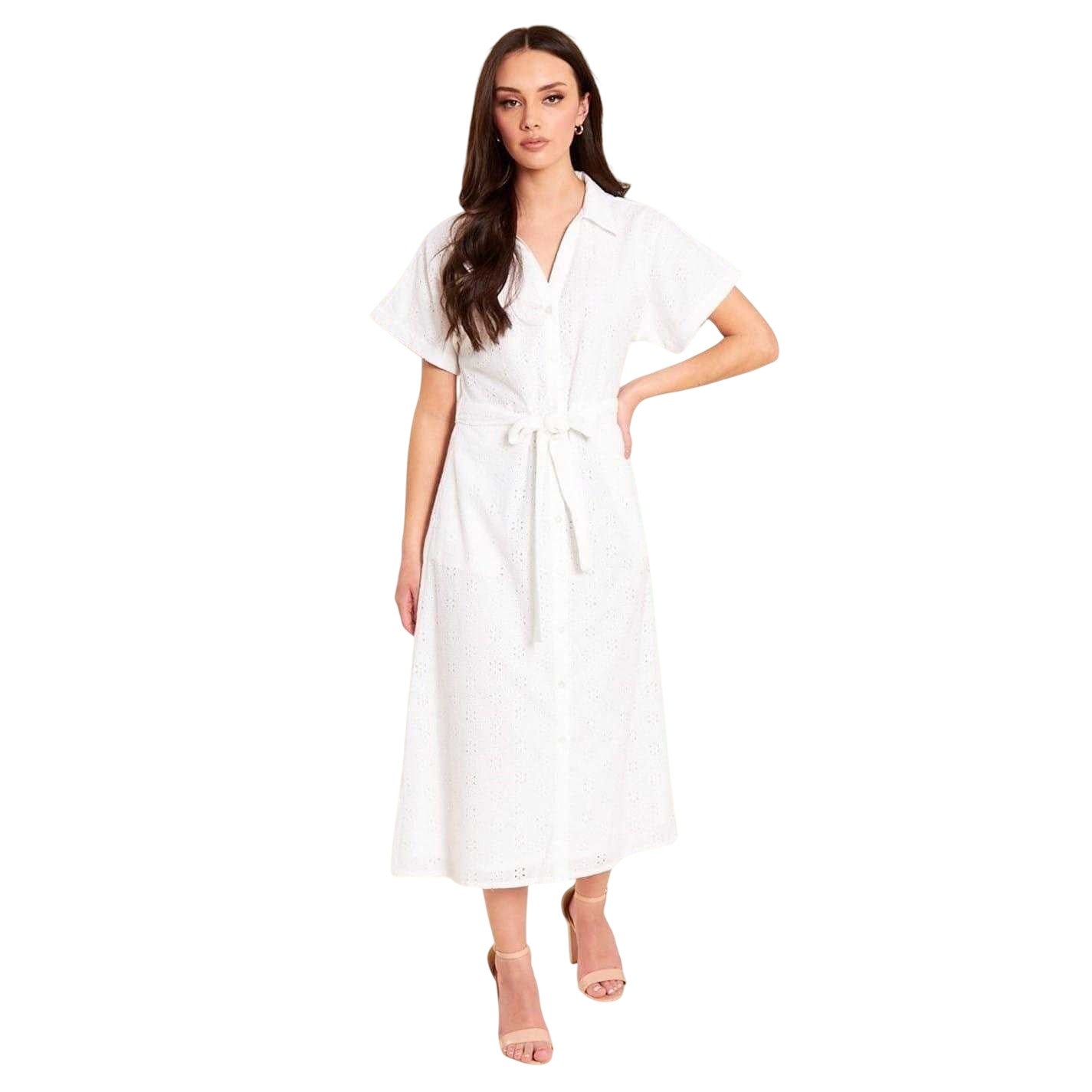 White - Front - Be You Womens-Ladies Broderie Collared Midi Shirt Dress
