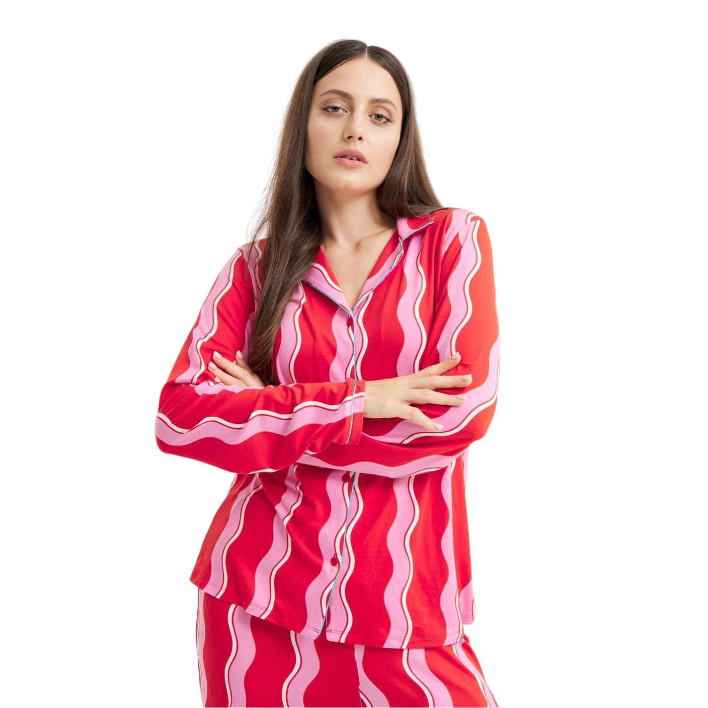 Pink - Side - Urban Threads Womens-Ladies Squiggle Long Pyjama Set