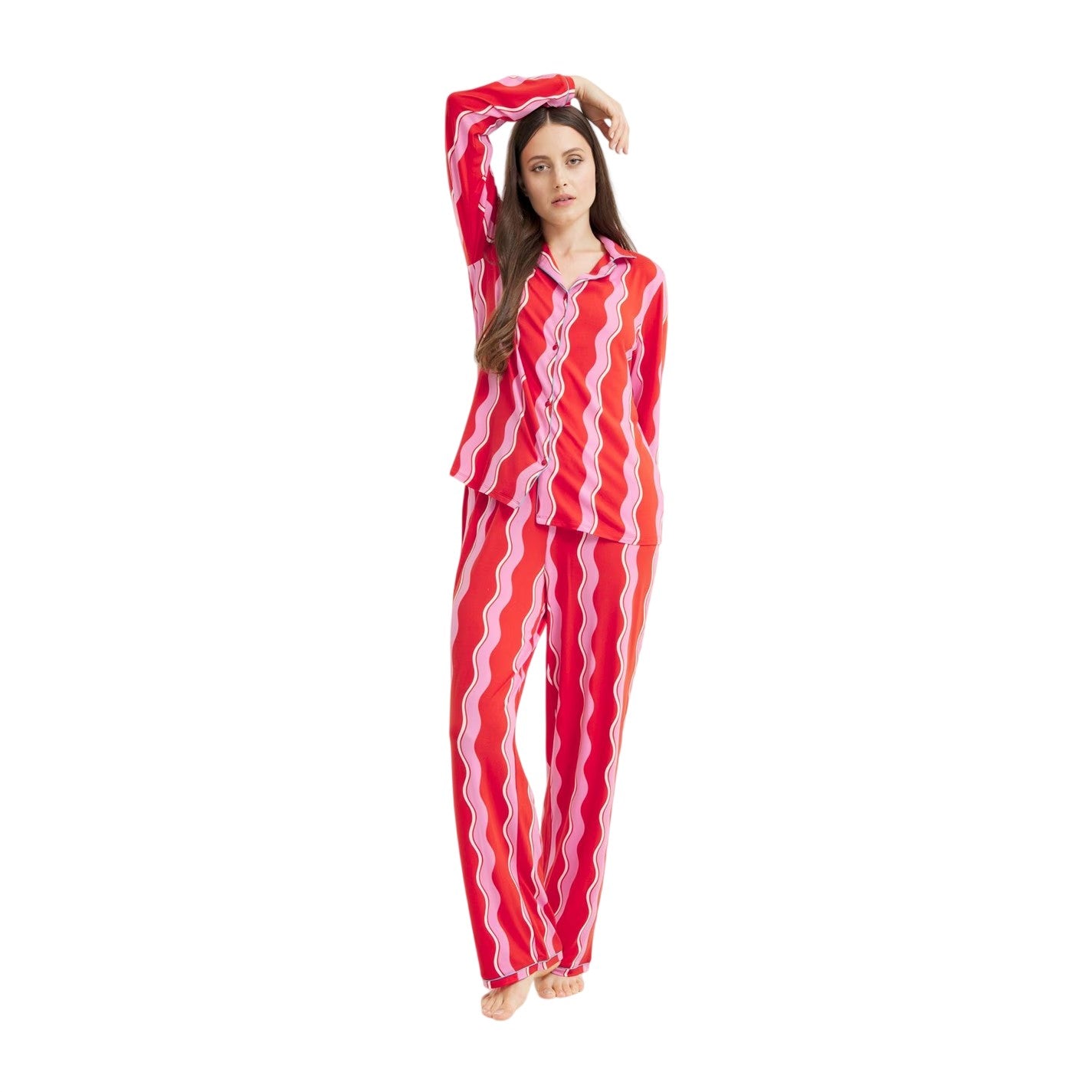 Pink - Lifestyle - Urban Threads Womens-Ladies Squiggle Long Pyjama Set