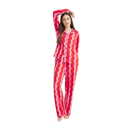 Pink - Lifestyle - Urban Threads Womens-Ladies Squiggle Long Pyjama Set