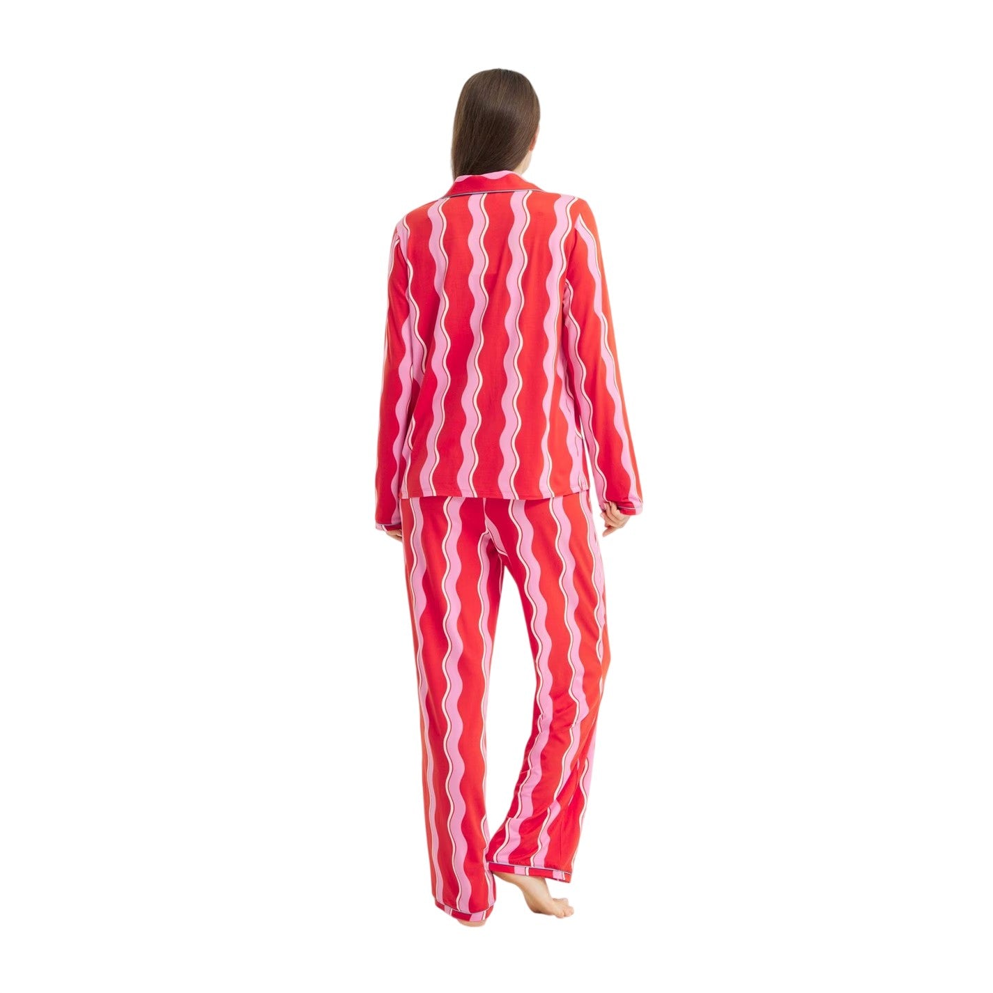 Pink - Pack Shot - Urban Threads Womens-Ladies Squiggle Long Pyjama Set