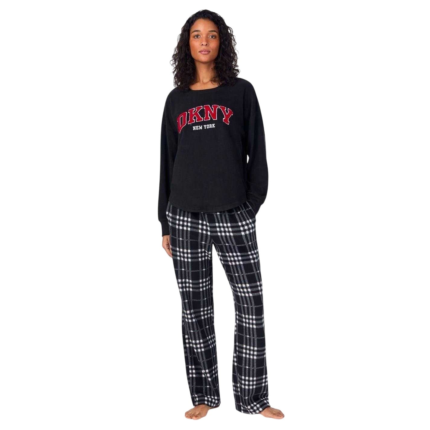 Black - Front - DKNY Womens-Ladies Plaid Crew Neck Long Pyjama Set