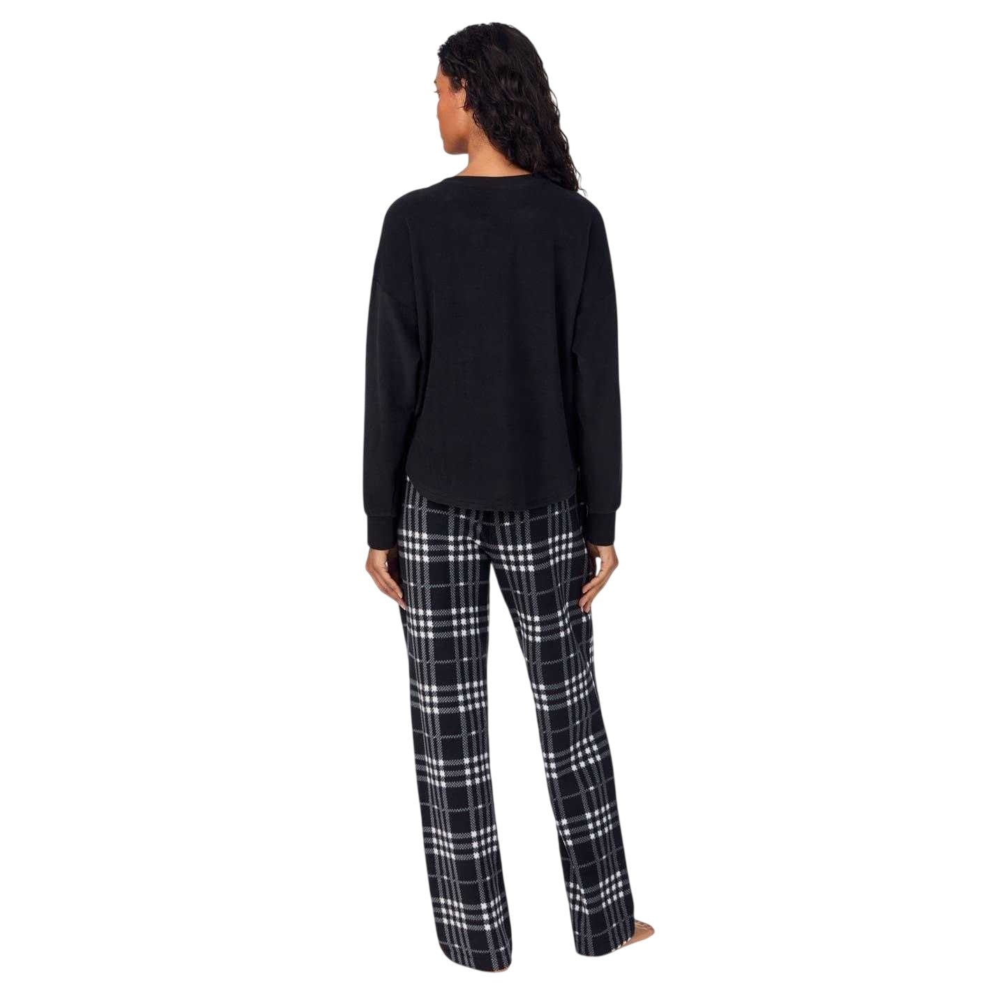 Black - Back - DKNY Womens-Ladies Plaid Crew Neck Long Pyjama Set