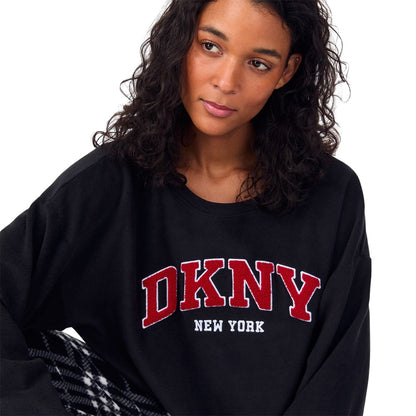 Black - Side - DKNY Womens-Ladies Plaid Crew Neck Long Pyjama Set