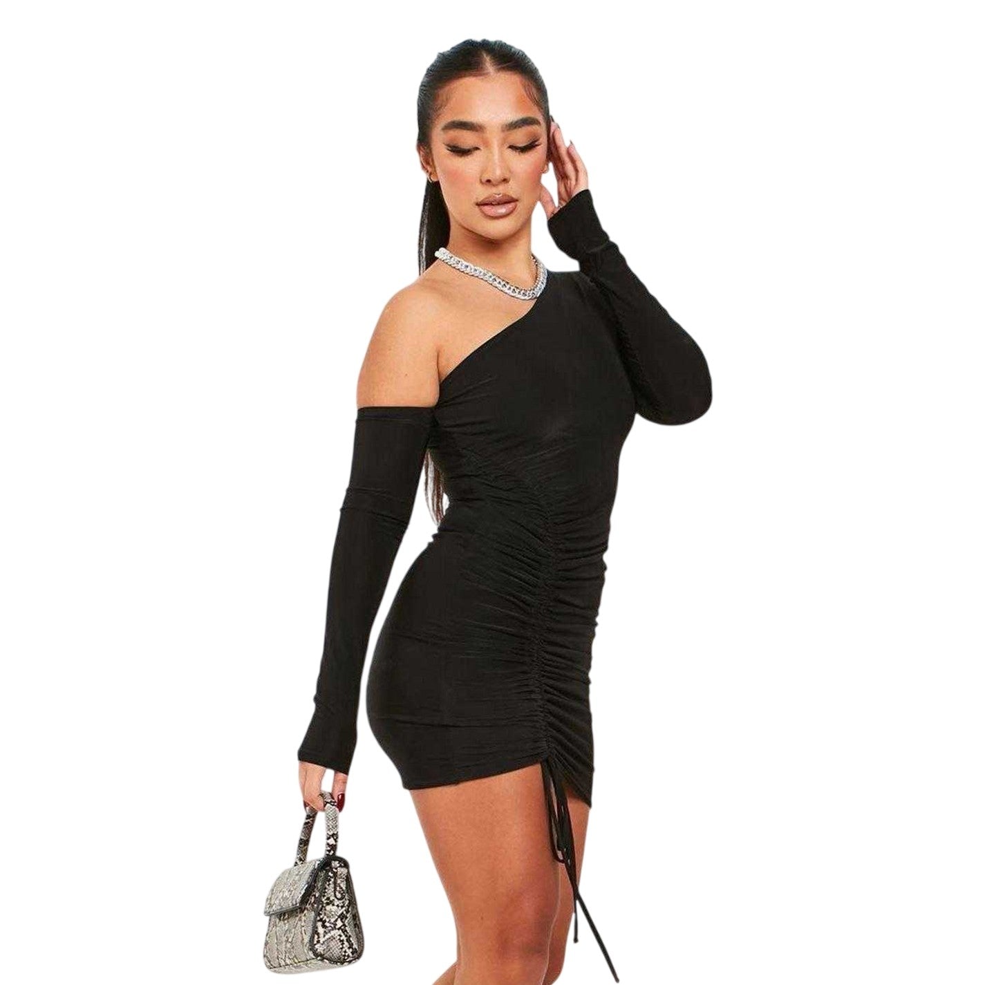 Black - Front - Missy Empire Womens-Ladies Layered Asymmetric One Shoulder Mini Dress