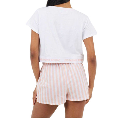 White-Peach - Back - Brave Soul Womens-Ladies Weekend Mode Striped Short Pyjama Set