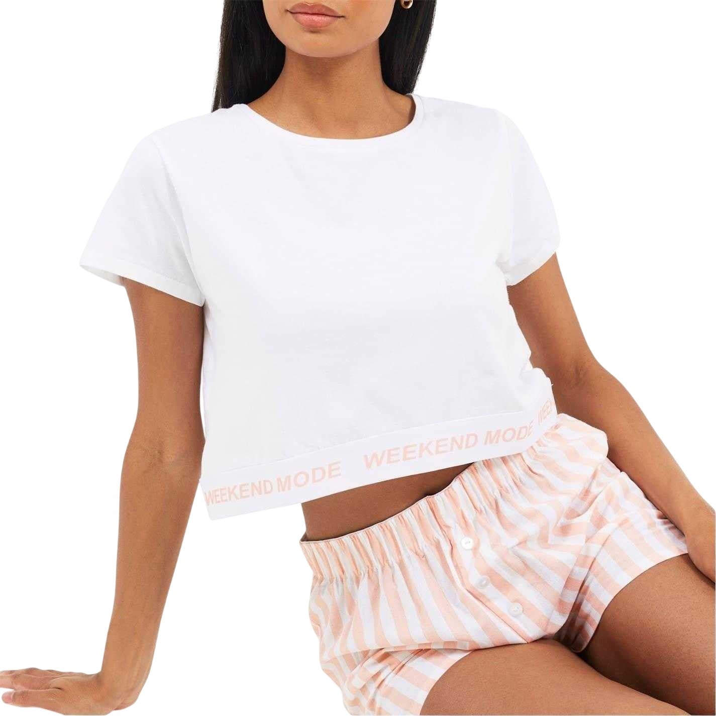 White-Peach - Side - Brave Soul Womens-Ladies Weekend Mode Striped Short Pyjama Set