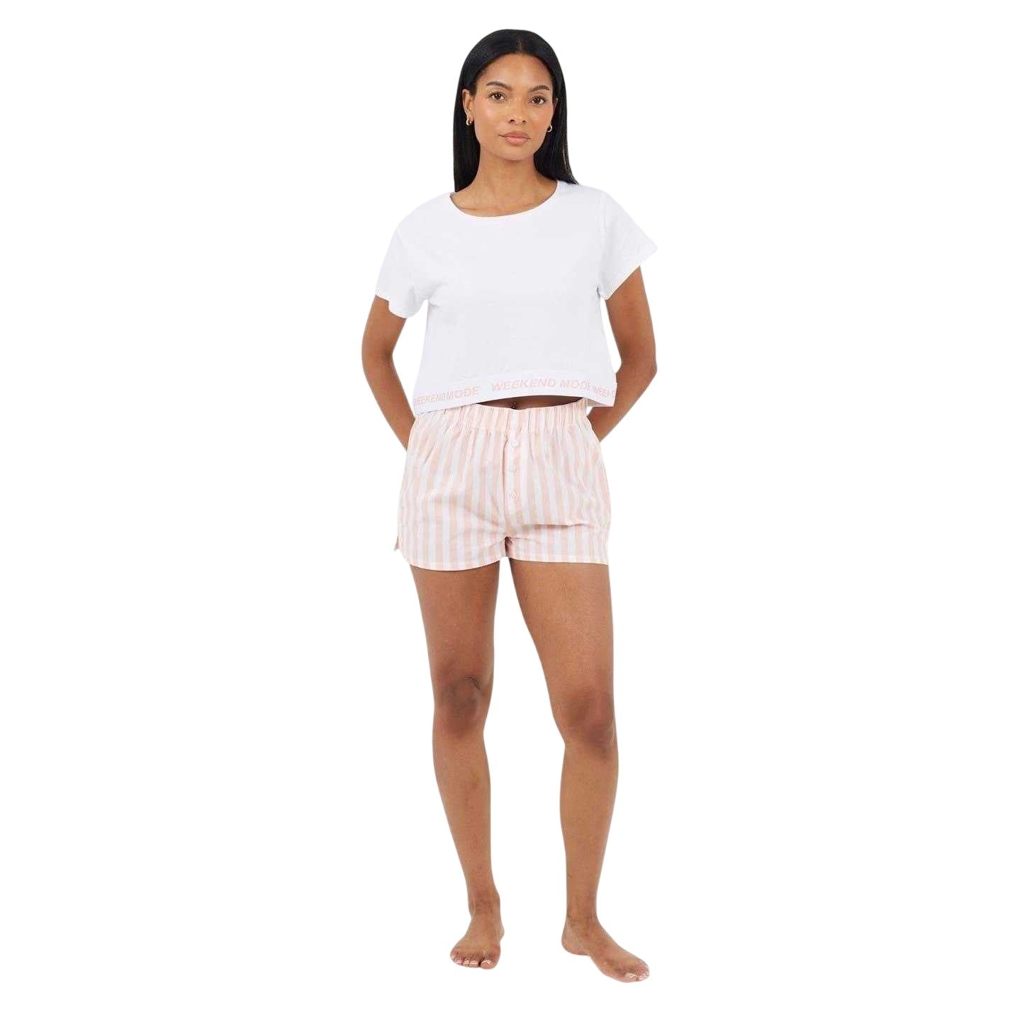 White-Peach - Lifestyle - Brave Soul Womens-Ladies Weekend Mode Striped Short Pyjama Set