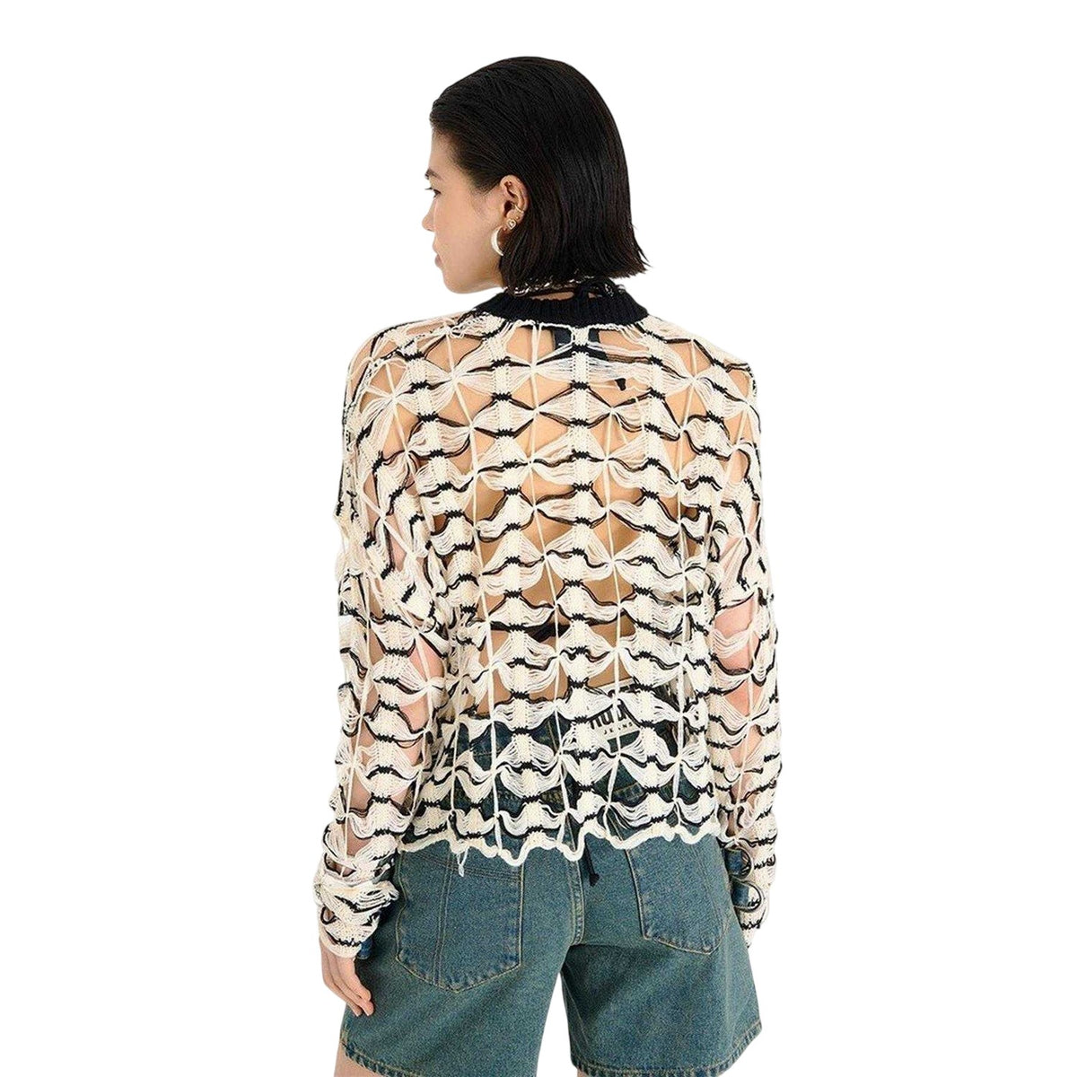 Black-Ecru - Back - The Ragged Priest Womens-Ladies Crochet Long-Sleeved Jumper
