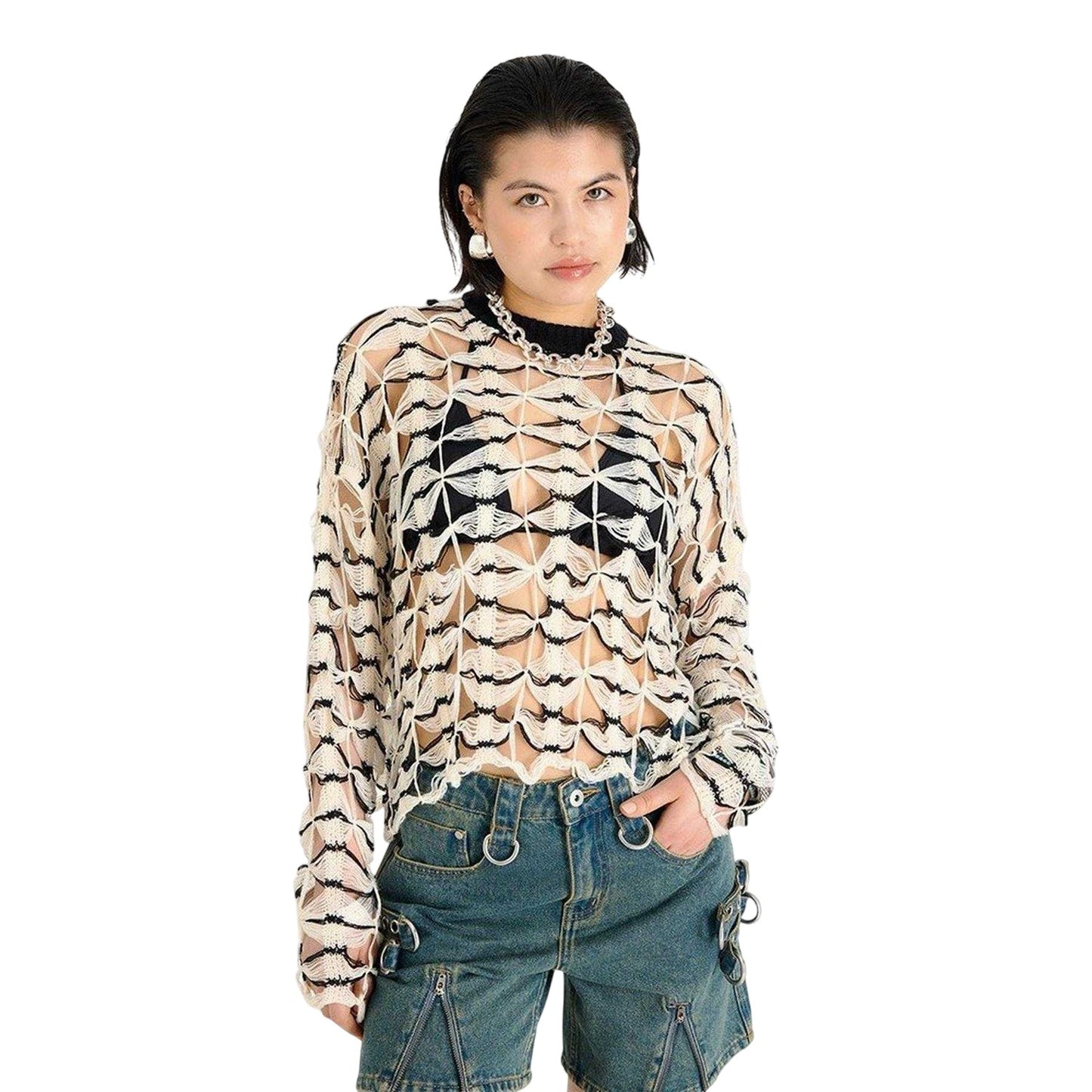 Black-Ecru - Front - The Ragged Priest Womens-Ladies Crochet Long-Sleeved Jumper