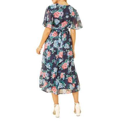 Navy - Back - Yumi Womens-Ladies Floral V Neck Midi Dress