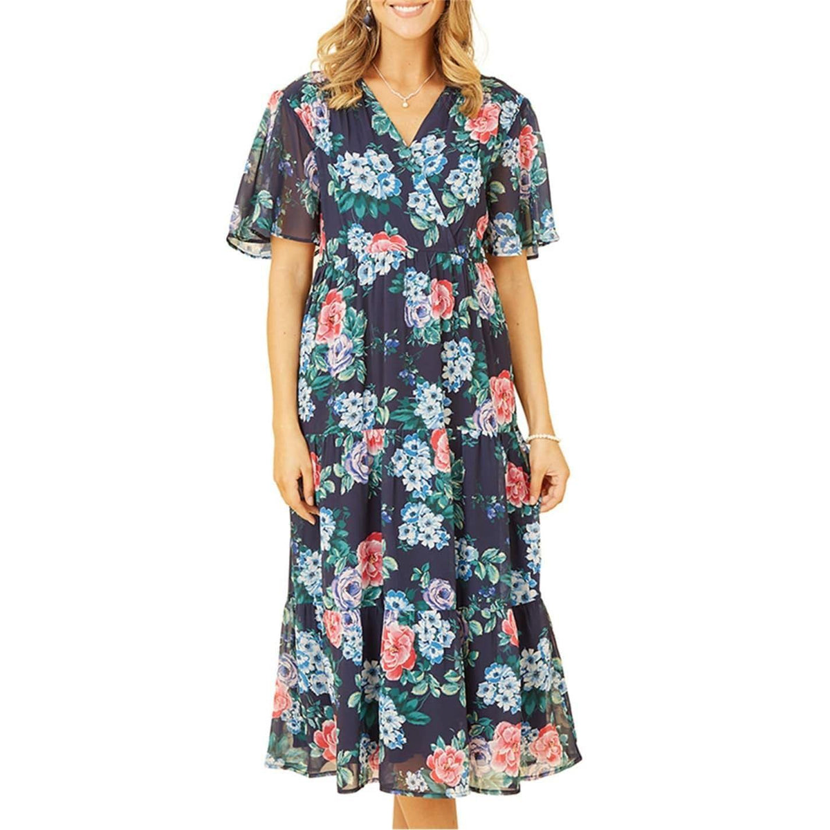 Navy - Side - Yumi Womens-Ladies Floral V Neck Midi Dress