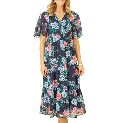 Navy - Side - Yumi Womens-Ladies Floral V Neck Midi Dress