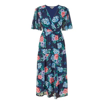 Navy - Front - Yumi Womens-Ladies Floral V Neck Midi Dress