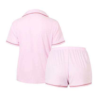 Pink-Red - Back - Urban Threads Womens-Ladies Contrast Piping Short Pyjama Set