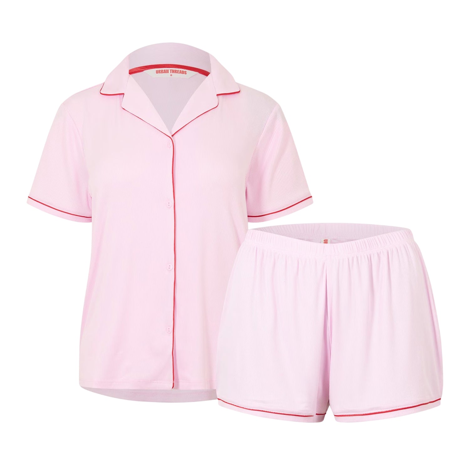 Pink-Red - Front - Urban Threads Womens-Ladies Contrast Piping Short Pyjama Set