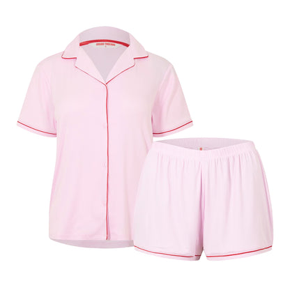 Pink-Red - Front - Urban Threads Womens-Ladies Contrast Piping Short Pyjama Set