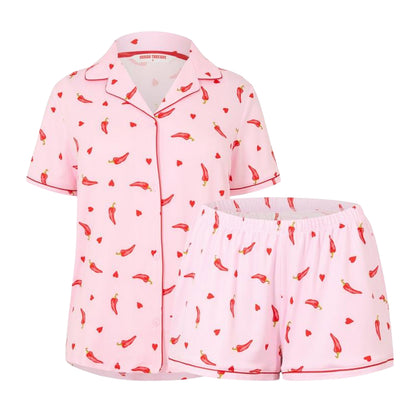 Pink-Chilli Red - Front - Urban Threads Womens-Ladies Chili Pepper Short Pyjama Set
