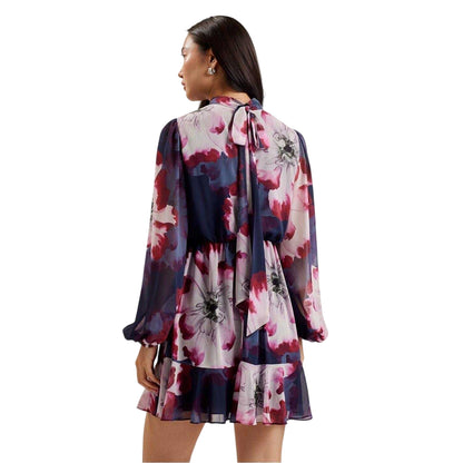 Navy-Multicoloured - Back - Ted Baker Womens-Ladies Aracely Floral Chiffon Bishop Mini Dress