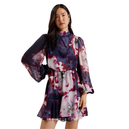 Navy-Multicoloured - Side - Ted Baker Womens-Ladies Aracely Floral Chiffon Bishop Mini Dress