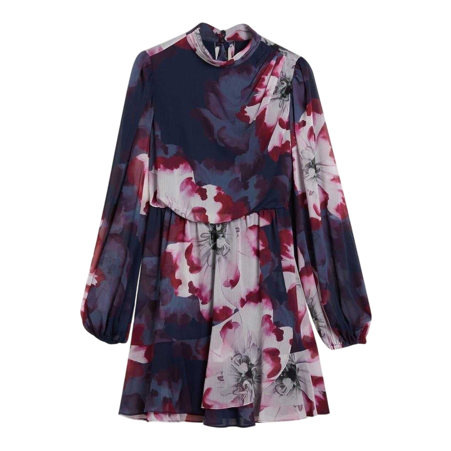 Navy-Multicoloured - Front - Ted Baker Womens-Ladies Aracely Floral Chiffon Bishop Mini Dress