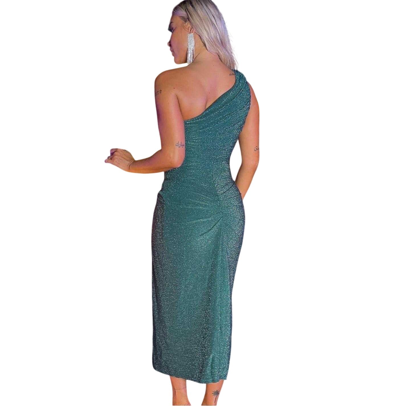 Teal - Back - Ax Womens-Ladies Gathered One Shoulder Midi Dress