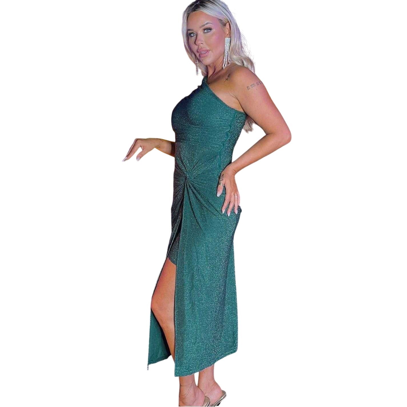 Teal - Side - Ax Womens-Ladies Gathered One Shoulder Midi Dress