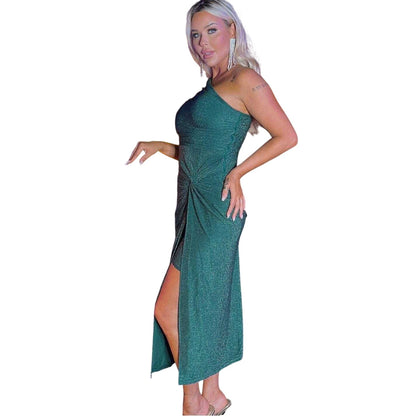 Teal - Side - Ax Womens-Ladies Gathered One Shoulder Midi Dress