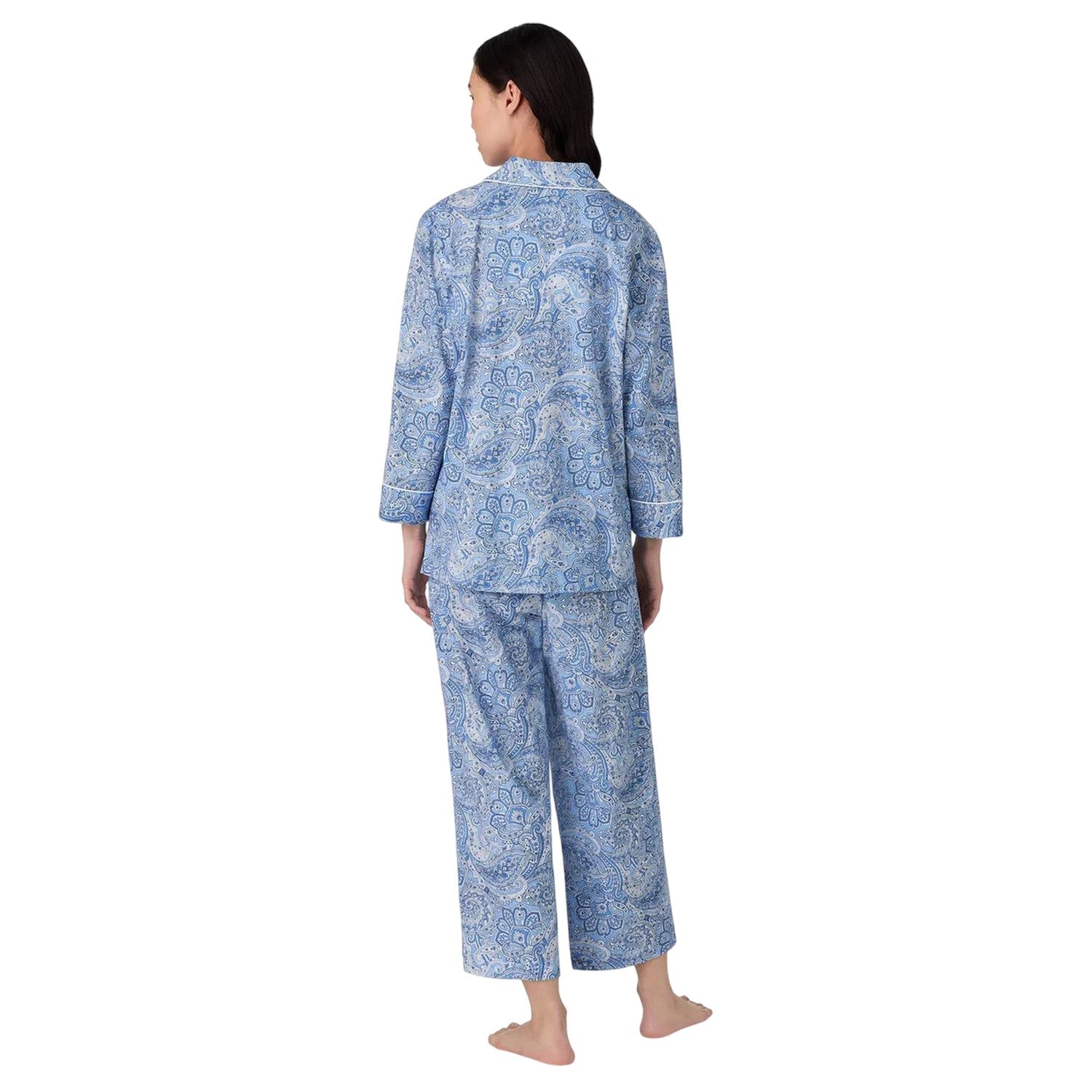 Blue - Back - Ralph Lauren Womens-Ladies Paisley 3-4 Sleeve Long Pyjama Set