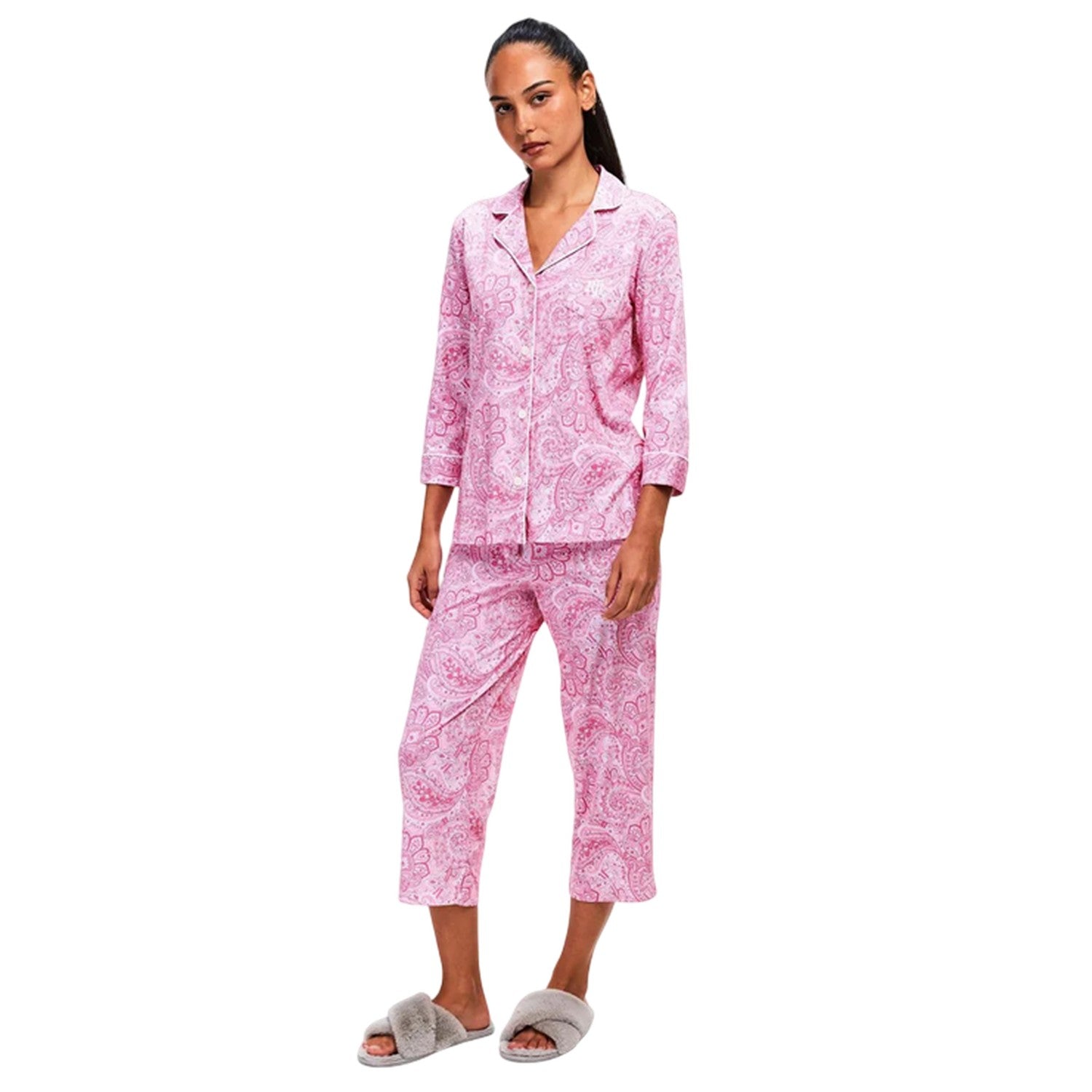 Pink - Close up - Ralph Lauren Womens-Ladies Paisley 3-4 Sleeve Long Pyjama Set