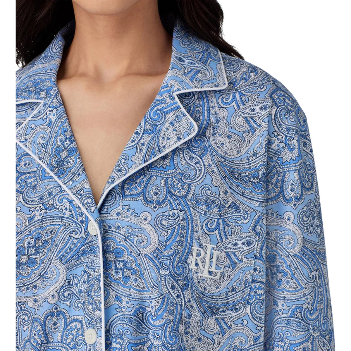Blue - Side - Ralph Lauren Womens-Ladies Paisley 3-4 Sleeve Long Pyjama Set