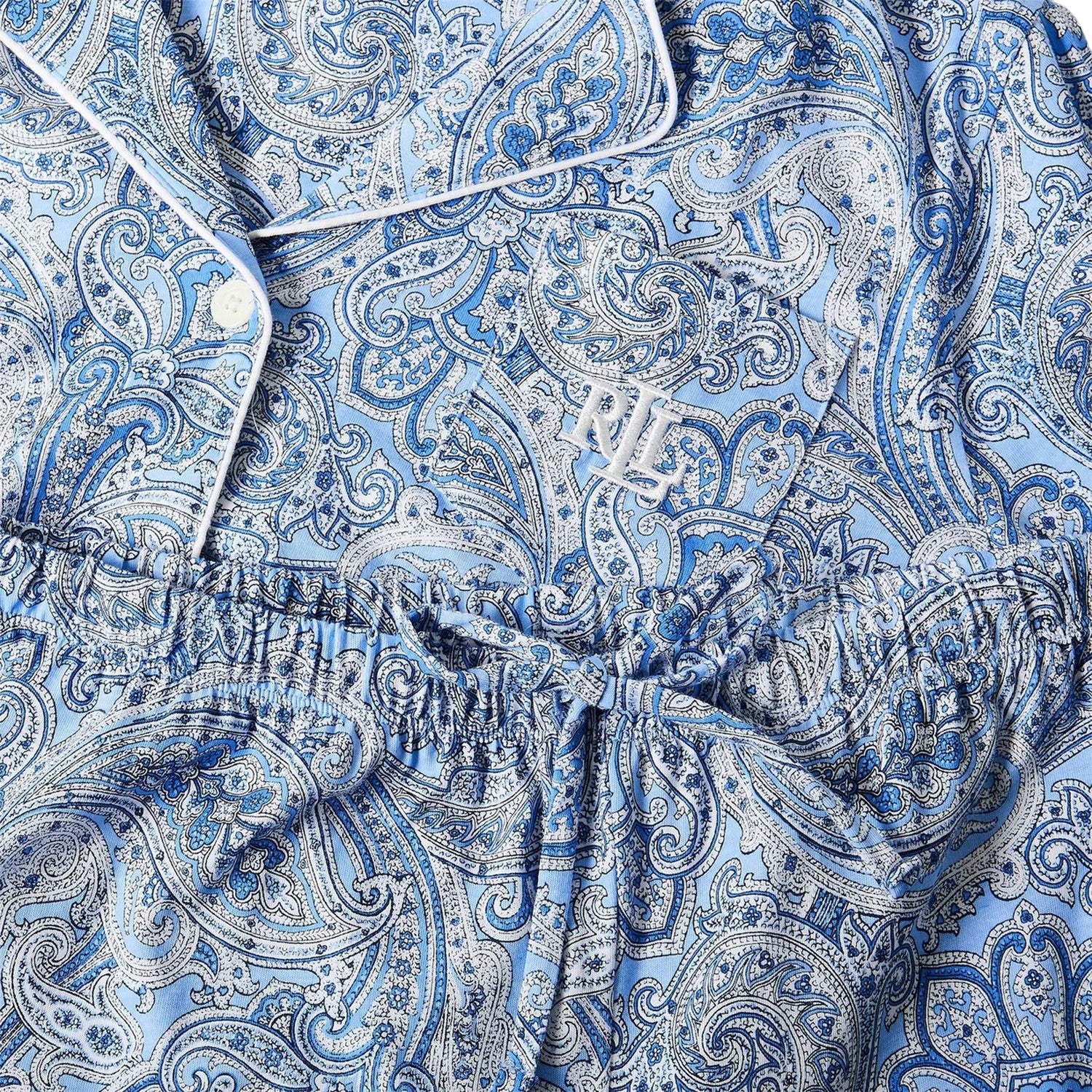Blue - Pack Shot - Ralph Lauren Womens-Ladies Paisley 3-4 Sleeve Long Pyjama Set