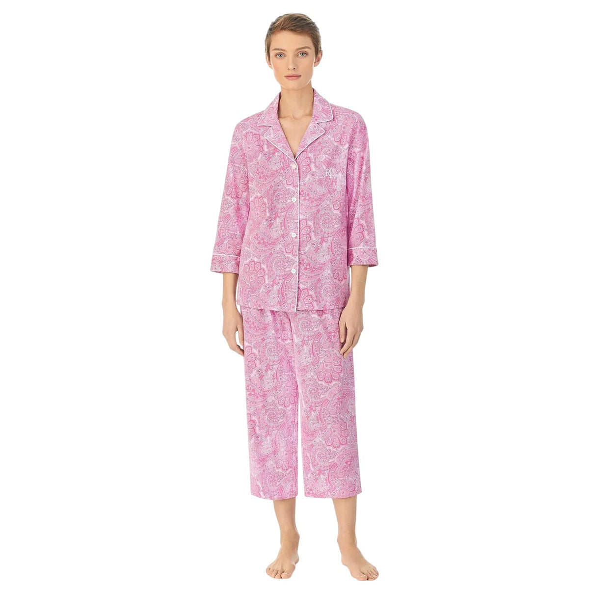 Pink - Front - Ralph Lauren Womens-Ladies Paisley 3-4 Sleeve Long Pyjama Set