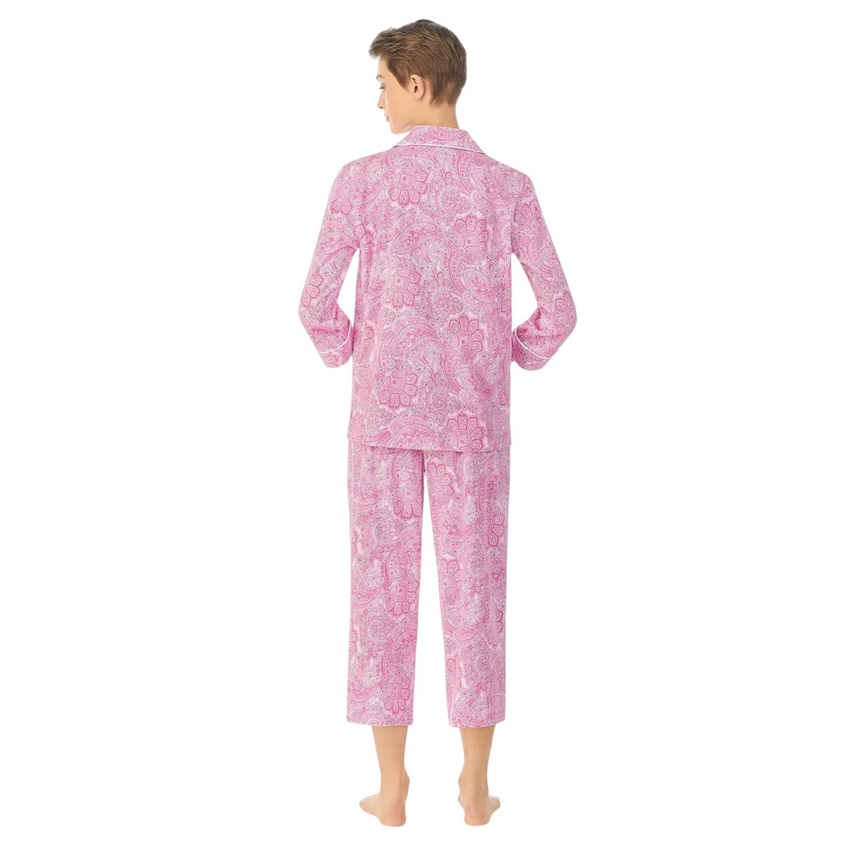Pink - Back - Ralph Lauren Womens-Ladies Paisley 3-4 Sleeve Long Pyjama Set