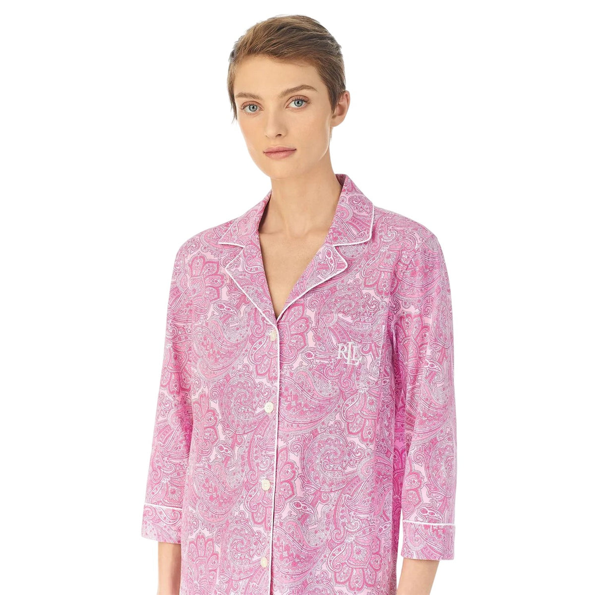 Pink - Side - Ralph Lauren Womens-Ladies Paisley 3-4 Sleeve Long Pyjama Set