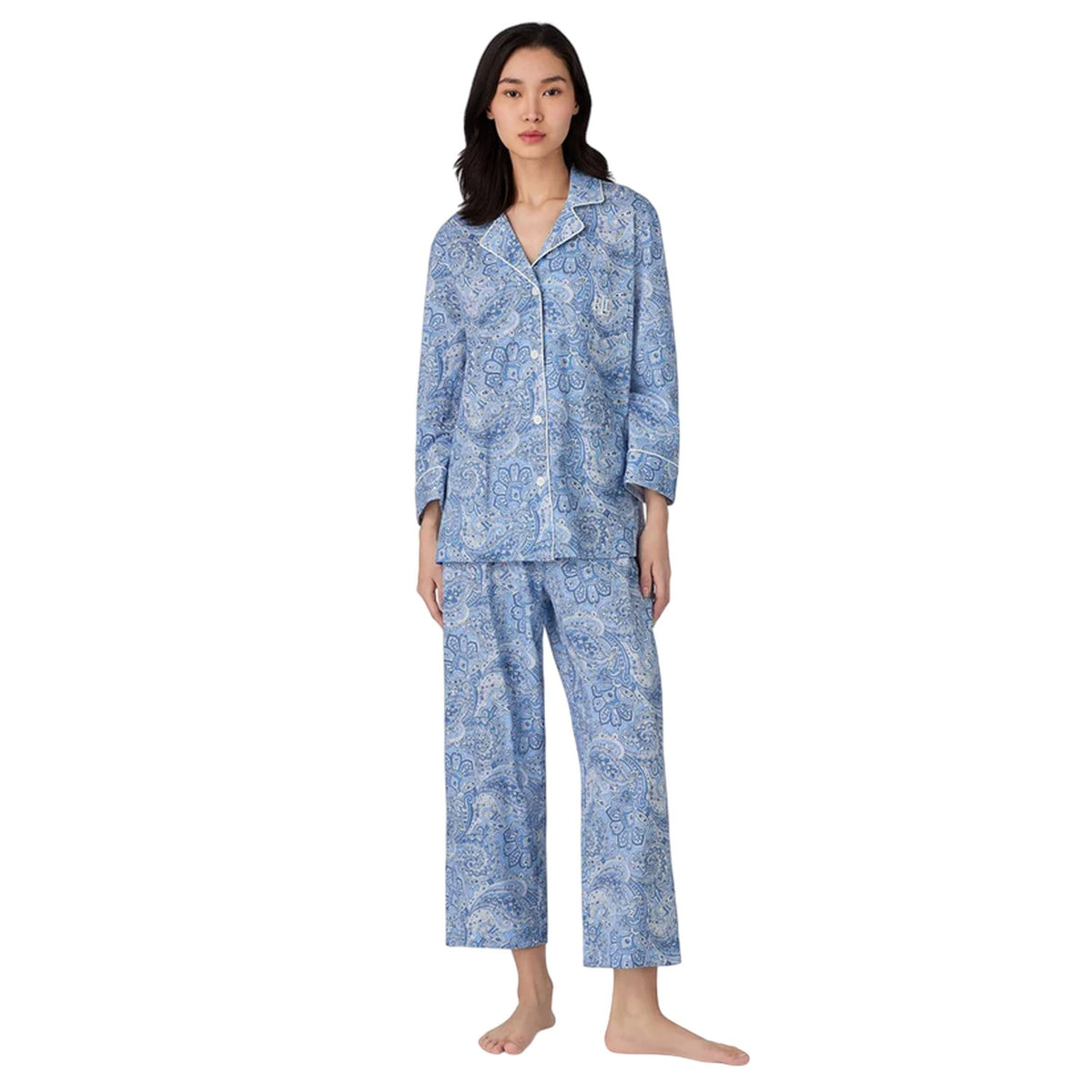 Blue - Front - Ralph Lauren Womens-Ladies Paisley 3-4 Sleeve Long Pyjama Set