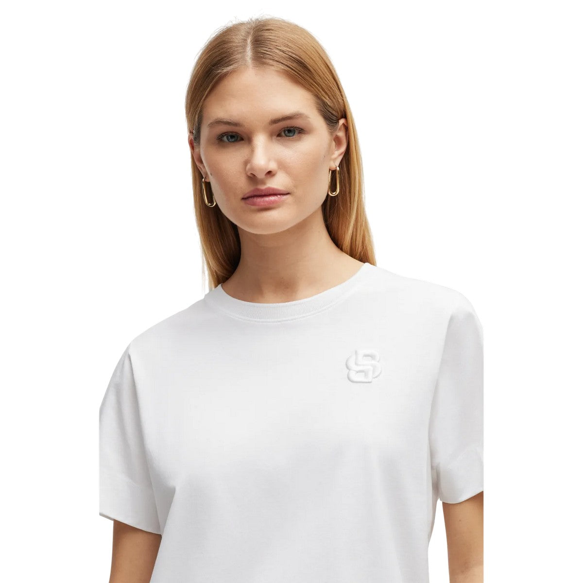 White - Side - Boss Womens-Ladies Monogram Embroidered T-Shirt