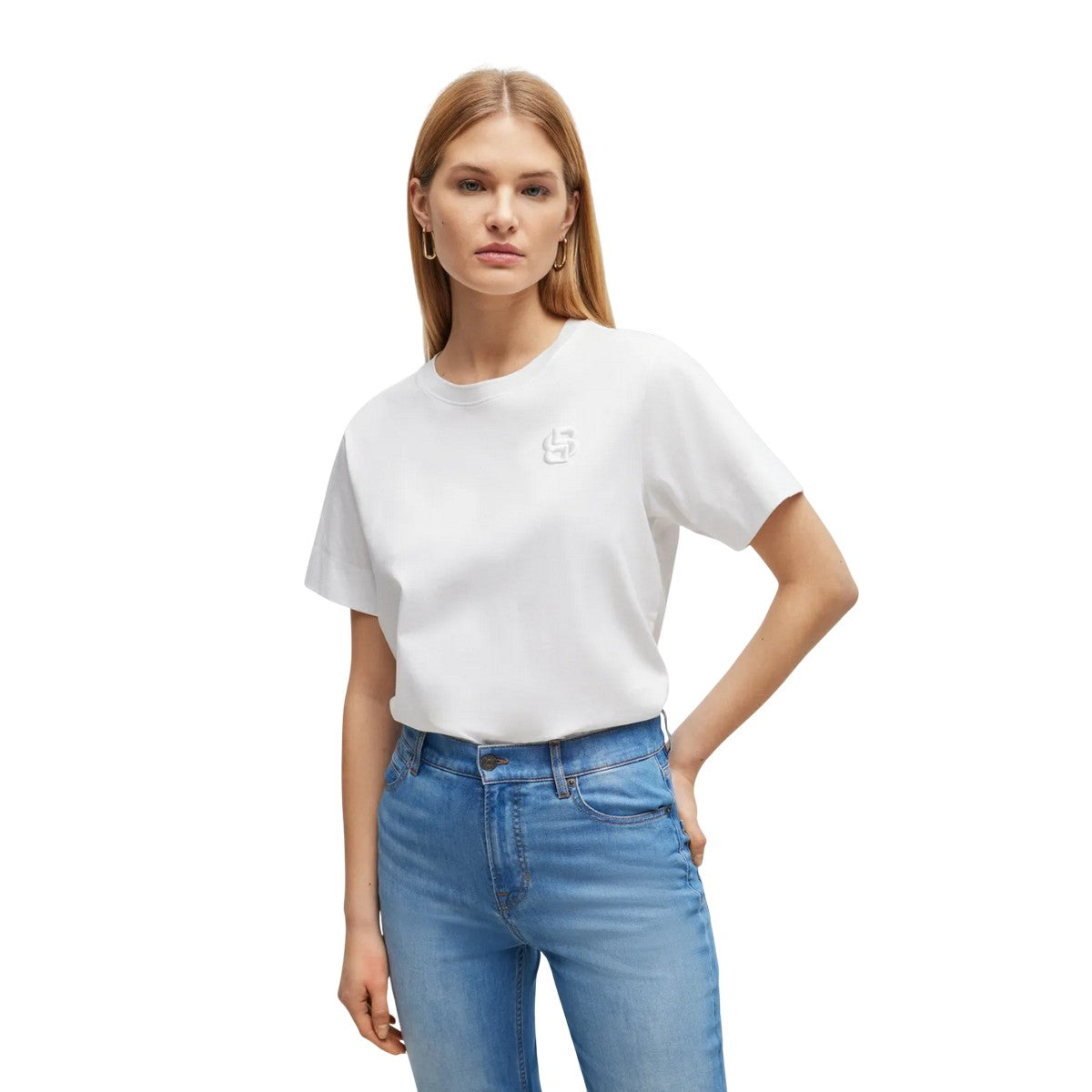 White - Lifestyle - Boss Womens-Ladies Monogram Embroidered T-Shirt