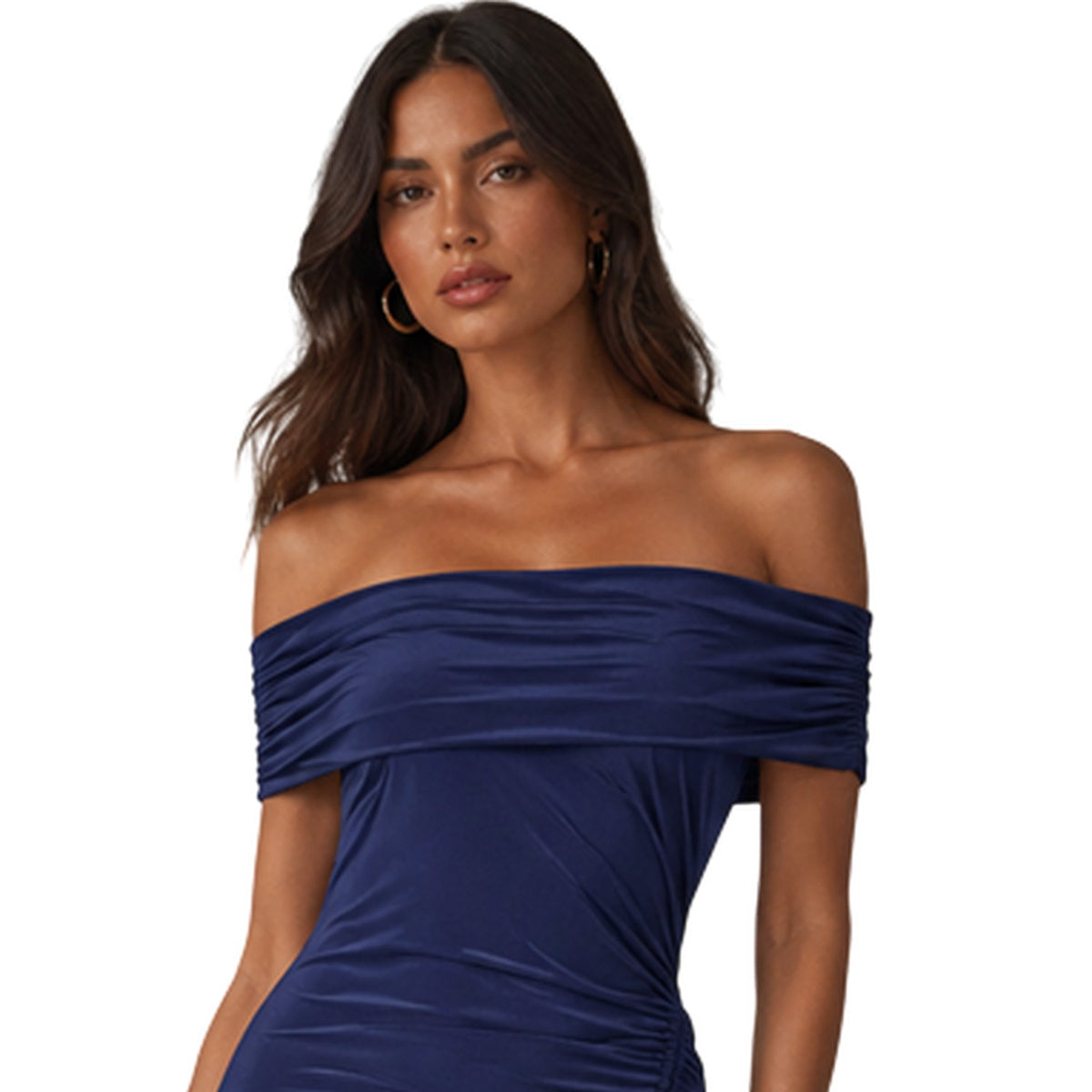 Navy - Side - Biba Womens-Ladies Ruched Bardot Maxi Dress