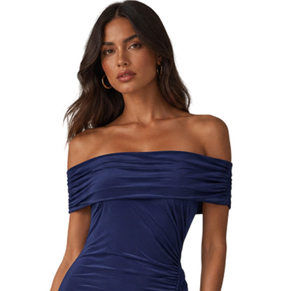 Navy - Side - Biba Womens-Ladies Ruched Bardot Maxi Dress