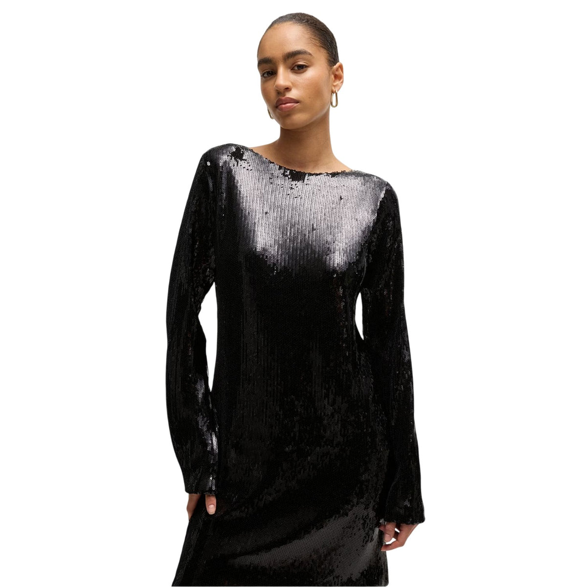 Black - Side - Boss Womens-Ladies Emaxa Sequin Boat Neck Dress