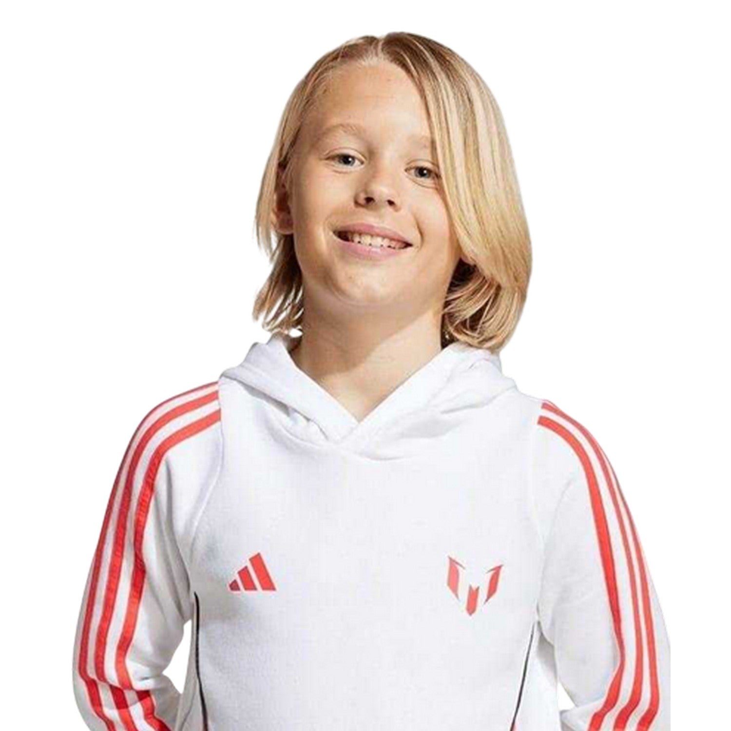White-Red - Side - Adidas Childrens-Kids Messi Football Drawstring Hoodie