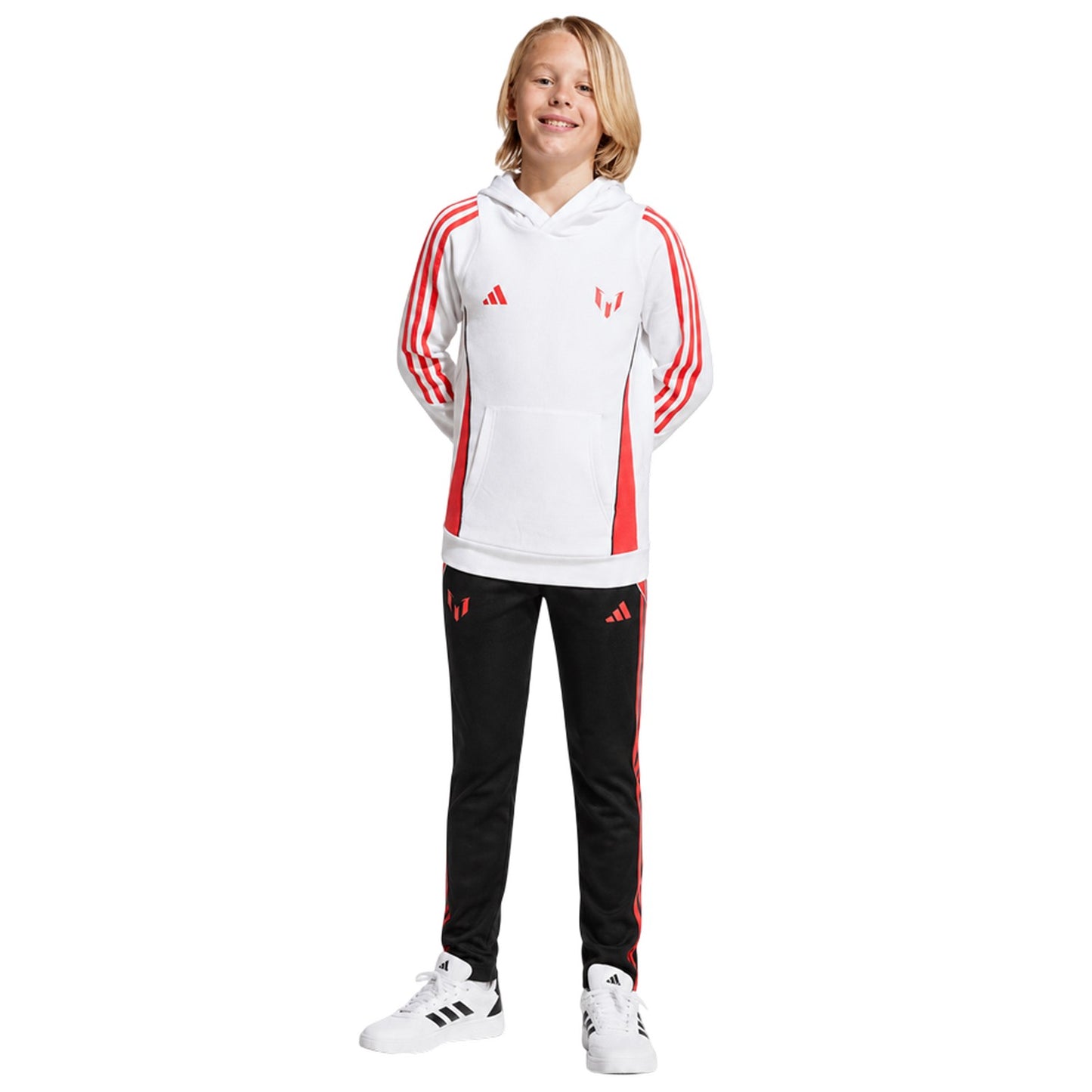 White-Red - Pack Shot - Adidas Childrens-Kids Messi Football Drawstring Hoodie