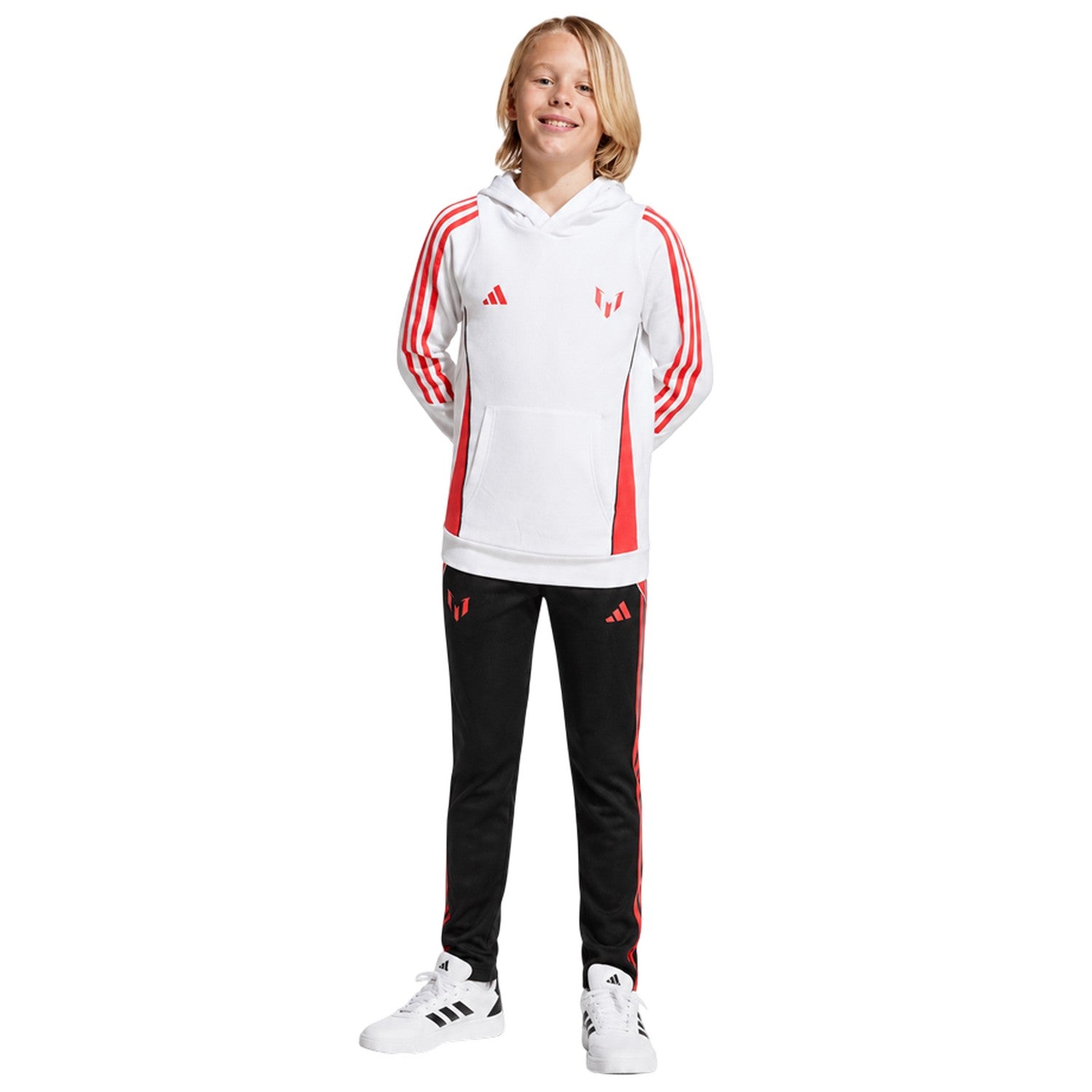 White-Red - Pack Shot - Adidas Childrens-Kids Messi Football Drawstring Hoodie